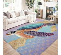 Alfombra 80 X 150 Cm Línea Costera Tortuga Marina Ornamentación Dorada Azul,Pelo Corto Suave Antideslizante Lavable A Máquina,Grande Decorativa Moderna para Sala De Estar,Dormitorio Y Pasillo