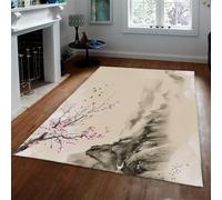 Alfombra 80x150 de Zona Alfombrilla Antideslizante del salón Lavable japonés Beige Lavado con Tinta Montaña Rosa Estampado Floral Tapete Suave Pelo bajo Grandes Interiores para