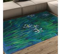 Alfombra 90x150 Floral de Iris Azul Verde Alfombrilla Lavable Pelo bajo Tapete Antideslizante para Dormitorio Comedor Oficina Granja Área botánica Abstracta Interior Habitación del la