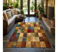 Alfombra antideslizante, 180 x 200 cm, modelo vintage, color rojo, marrón, azul, verde, beige y amarillo, alfombras de salón, pelo corto, dormitorio, cajonera, lavable, alfombra