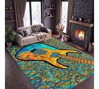 Alfombra antideslizante abstracta geométrica con música y guitarra, 120 x 170 cm, arte pop art, lavable, acogedora, de pelo corto, suave, agradable a la piel, fácil de limpiar, para comedor, pasillo y