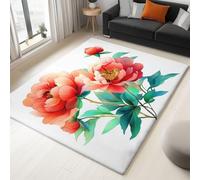 Alfombra antideslizante con diseño floral de peonía y hojas verdes, 180 x 240 cm, lavable para dormitorio, alfombra de pelo bajo, alfombras blancas para sala de estar, dormitorio, habitación de los