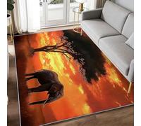 Alfombra antideslizante con silueta de viaje, 160 x 230 cm, diseño de árbol de acacia, elefante y nubes, alfombra infantil, diseño de sol rojo, pelo corto, lavable
