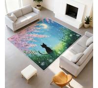 Alfombra antideslizante de anime, diseño de animales de ensueño para niños, gatos, cerezos, luna, alfombra para entrada, lavable, suave, pelo bajo, felpudo para sala de estar y dormitorio, 120 x 160