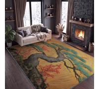 Alfombra antideslizante de arte oriental, 120 x 170 cm, árbol viejo, lámina dorada, pelo corto, alfombra de salón, fácil de limpiar, para habitación juvenil, dormitorio, mesa de comedor, cocina