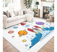 Alfombra Antideslizante de Franela 60 x 90 cm, Pelo Corto Ultra Suave Vistoso, Estampado Dibujos Animados Cohetes Planetas Cielo Estrellado, Lavable a Máquina para Salón y Dormitorio