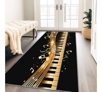 Alfombra antideslizante de pelo bajo con notas musicales de piano y notas musicales, alfombra grande para dormitorio, cocina, entrada, pasillo, comedor, color negro y dorado, lavable a máquina, suave