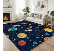 Alfombra Antideslizante de Pelo Corto Espacio Cohete Planetas Estrellas, Tapete Rectangular 140 x 200 cm para Sala de Estar Dormitorio Habitación Infantil Comedor y Decoración del Hogar Caricatura