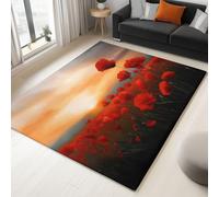 Alfombra Antideslizante de Pelo Corto Lavable 140 x 200 cm, Rojo Antideslizante Alfombra Surrealismo Atardecer Flores Amapolas Decorativa para Salón y Habitación