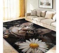 Alfombra antideslizante de salón 120 x 180 cm, alfombra de bajo vello lavable a máquina con diseño impreso moderno y limpio, gato y margaritas, para habitación infantil, habitación de bebé, sala de