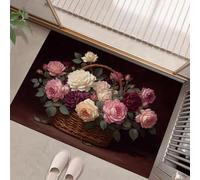 Alfombra Antideslizante Lavable, 40x60cm Felpudo Entrada Casa Cesta De Rosas Alfombrilla para Puerta Pintura De Naturaleza Muerta Retro Suaves Absorbentes para Pasillo, Cocina, Dormitorio, Marrón