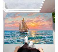 Alfombra Antideslizante Lavable, 50X80Cm Felpudo Entrada Amanecer Olas Veleros Alfombrilla Para Puerta Suaves Absorbentes Pintura Al Óleo Antigua Para Pasillo, Cocina, Dormitorio, Azul Anaranjado