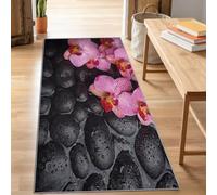 Alfombra antideslizante para pasillo, color negro, 80 x 150 cm, diseño de piedras de spa Zen, floral, elegante, orquídea, cocina, pasillo, lavable, alfombra larga para entrada, dormitorio, lavandería