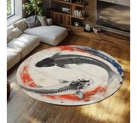 Alfombra área Redonda Estilo japonés, Tai chi koi Fish Carpets, Alfombra Lavable Pelo bajo para Dormitorio, salón, Oficina, decoración Retro Moderna del hogar Antideslizante 80x80cm