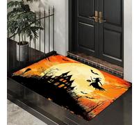 Alfombra Atrapapolvo Casa Embrujada De Halloween, Alfombra Bruja Voladora Antideslizante Lavable en Lavadora, Felpudo de Entrada Absorbentes para Entrada, Puerta y Pasillo, 40 x 60 cm - Naranja