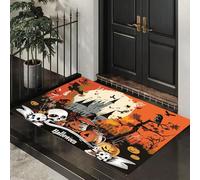 Alfombra Atrapapolvo Elementos Halloween, Alfombra Cementerios Embrujados Esqueletos Antideslizante Lavable en Lavadora, Felpudo de Entrada para Entrada, Puerta Pasillo, 40 x 60 cm - Naranja Oscuro