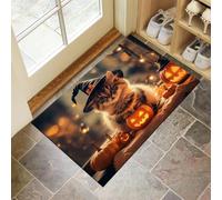 Alfombra Atrapapolvo Víspera Todos Los Santos, Alfombra Lindo Gato Y Linterna Antideslizante Lavable en Lavadora, Felpudo de Entrada Suaves para Entrada, Puerta y Pasillo, 60 x 120 cm - Marrón