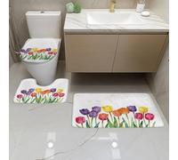 Alfombra Baño Flores Amarillas Púrpuras Alfombra Ducha Set 3 Piezas Burbuja de Memoria Contorno en Forma de U y Tapa para Tapa Inodoro Lavable a Máquina Alfombrilla Baño 45x75 cm