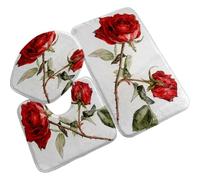 Alfombra Baño Flores Rojas Verdes Alfombrilla Baño Set 3 Piezas Secado Rapido Absorbe Agua Contorno en Forma de U y Tapa para Tapa Inodoro Lavable a Máquina Bath Mat 45x75 cm