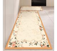 Alfombra Cocina 40X60Cm+40X120Cm Flores Naranjas Alfombra Vinilica 2 Cuero Alfombras Cocina Antideslizante,Alfombra De Pasillo De PVC Impermeable,Antideslizante Y Resistente Antifatiga Al Aceite