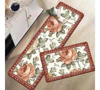 Alfombra Cocina 40X60Cm+40X120Cm Flores Naranjas Alfombra Vinilica 2 Cuero Alfombras Cocina Antideslizante,Alfombra De Pasillo De PVC Impermeable,Antideslizante Y Resistente Antifatiga Al Aceite