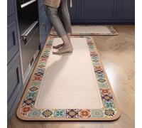 Alfombra Cocina 40X60Cm+40X120Cm Verde Naranja Alfombra Vinilica 2 Cuero Alfombras Cocina Antideslizante,Alfombra De Pasillo De PVC Impermeable,Antideslizante Y Resistente Antifatiga Al Aceite