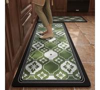 Alfombra Cocina 40X60Cm+40X120Cm Verde Retro Alfombra Vinilica 2 Cuero Alfombras Cocina Antideslizante,Alfombra De Pasillo De PVC Impermeable,Antideslizante Y Resistente Antifatiga Al Aceite