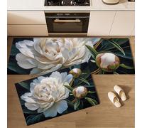 Alfombra Cocina Flores Capullos Peonía Antideslizante Alfombra de Cocina Antifatiga Pintura Al Óleo Flores Resistente y Fácil de Lavar para Pasillo, Comedor, Lavadero, 43x75cm+43x150cm, Verde Oscuro