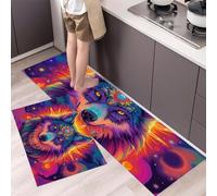 Alfombra Cocina Lavable Antideslizante Pack De 2 - Alfombrillas De Cocina Cabeza De Lobo Tótem Nebulosa, Estilo Mandala Psicodélico, Lavables, Para Fregaderos, Cocina, Lavandería,40x60cm+40x120cm