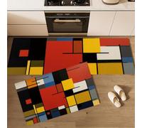 Alfombra Cocina Lavable Antideslizante Pack De 2 - Alfombrillas De Cocina Formas Geométricas Rojas Y Amarillas, Arte Abstracto Moderno, Lavables, Para Fregaderos, Cocina, Lavandería,40x60cm+40x120cm
