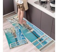 Alfombra Cocina Lavable Antideslizante Pack De 2 - Alfombrillas De Cocina Puerto Barcos De Pesca, Un Refrescante Paisaje Mediterráneo, Lavables, Para Fregaderos, Cocina, Lavandería,50x80cm+50x150cm