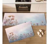 Alfombra Cocina Pradera Flores Silvestres Antideslizante, Juego de 2 Alfombrillas Absorbentes Pintura Acuarela Ensueño, Alfombras Pasillo para Pasillo, Comedor y Entrada, Rosa, 43x75cm+43x150cm
