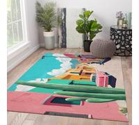 Alfombra Colorida Estilo Pueblo alfombras Suaves de Pelo bajo y Antideslizante Lavables vehículo Vintage Rosa Alfombra Gigante de Cactus Azul Cielo para Dormitorio 80x150cm