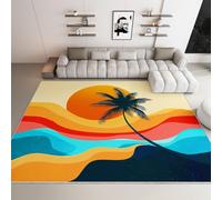 Alfombra con Abstracto Retro Playa Palmeras Árboles Patrón Impreso, Amarillo Anaranjado Alfombra de Pelo Corto Antideslizante para Salón 120 x 170 cm - Muy Suave y Lavables en Lavadora