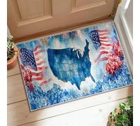 Alfombra con diseño de mapa, bandera patriótica de acuarela, fuegos artificiales, día de la independencia, color azul, de pelo bajo, para cocina, entrada, mesita de noche, lavandería, decoración de 2