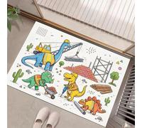 Alfombra Constructores Dinosaurios de Pelo Corto, 60x120cm Felpudo Entrada Casa Dinosaurios Grúas Ladrillos Antideslizante Lavables en Lavadora Tapetes para Habitacion Comedor Dormitorio, Azul Verdoso