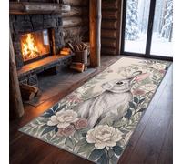 Alfombra corredera lavable 80 x 240 cm Campaña Vintage, rústica Bosque Animal Conejo Plantas Floral Alfombra de Pasaje Cocina - Azul Gris Claro Moqueta Suave Descenso de Cama Antideslizante Decoración