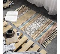 Alfombra de algodón bohemio, 2 x 3 pies para dormitorio, manta tejida a mano, con flecos con impresión geométrica india, alfombra decorativa para cocina, baño, sala de estar, porche (rayas)