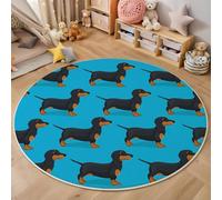 Alfombra de Animales de Dibujos Animados de Dibujos Lindo Perro Salchicha, Suave y Bonita Pelo bajo Antideslizante Lavable Sala de Juegos Redonda, 120cm, Azul Oscuro
