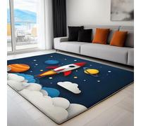 Alfombra de área 60 x 90 cm, Antideslizante Lavables en Lavadora Azul Dibujos Animados Espacio Planetas Cohetes no desprende pelusa fácil cuidado, ideal para zonas de alto tránsito para niños