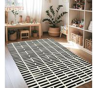 Alfombra de área a rayas, moderna, minimalista, bloques de líneas ninguna, color negro, de pelo bajo, esponja para el hogar, alfombra con estampado rectangular para sala de estar, dormitorio, comedor