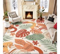 Alfombra de área beige, 50 x 80 cm, lavable, diseño de hojas de plantas | Alfombra para comedor, mesa de centro, oficina en casa, bohemio, tropical, abstracto, antideslizante