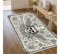 Alfombra de área con diseño de calavera, alas góticas y rosas, color negro, pelo bajo, esponja, para interiores, no se desprende, para entrada, baño, cocina, decoración de puerta, 3 x 5 pies