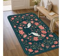 Alfombra de área con diseño de grúas, floral, elegante, hojas de rosas, primavera, color verde azulado, de pelo bajo, alfombra rectangular que no se desprende, para entrada, baño, lavandería, mesita