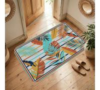 Alfombra de área con diseño de hojas, tropicales, modernas, palmeras, verano, turquesa, pelo bajo, esponja, rectangular, acentos, baño, lavandería, cocina, entrada, decoración, 3 x 5 pies