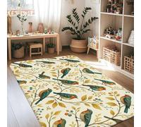 Alfombra de área con diseño de pájaros, hojas bohemias, ramas de otoño, color verde azulado, antideslizante, rectangular, alfombras de suelo para sala de estar, dormitorio, aula, decoración de