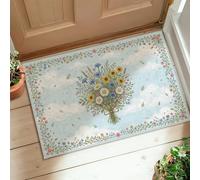 Alfombra de área con diseño de ramo, margaritas florales primaverales, flores silvestres, color azul cielo, antideslizante, parte trasera estética, alfombra rectangular para baño, lavandería, cocina