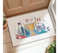 Alfombra de área con diseño de trofeo, banderas modernas de celebración, paisaje urbano, color dorado, pelo bajo, borde ribeteado, cuarto de baño, puerta, entrada, decoración, 2 x 3 pies