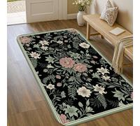 Alfombra de área con diseño floral, elegante, lirios helechos, primavera, color negro, de pelo bajo, esponja, rectangular, para el suelo, para sala de estar, dormitorio, pasillo, escritorio, oficina
