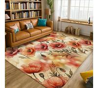 Alfombra de área de amapolas, floral, acuarela, rosa, primavera, rojo, pelo bajo, borde de esponja, alfombra rectangular para sala de estar, dormitorio, pasillo, escritorio, oficina, decoración de 5 x